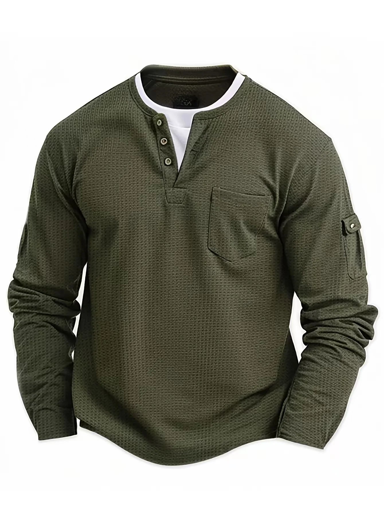 Camiseta informal de manga larga con bolsillo y cuello Henry para hombre, ropa de calle retro de color sólido para playa