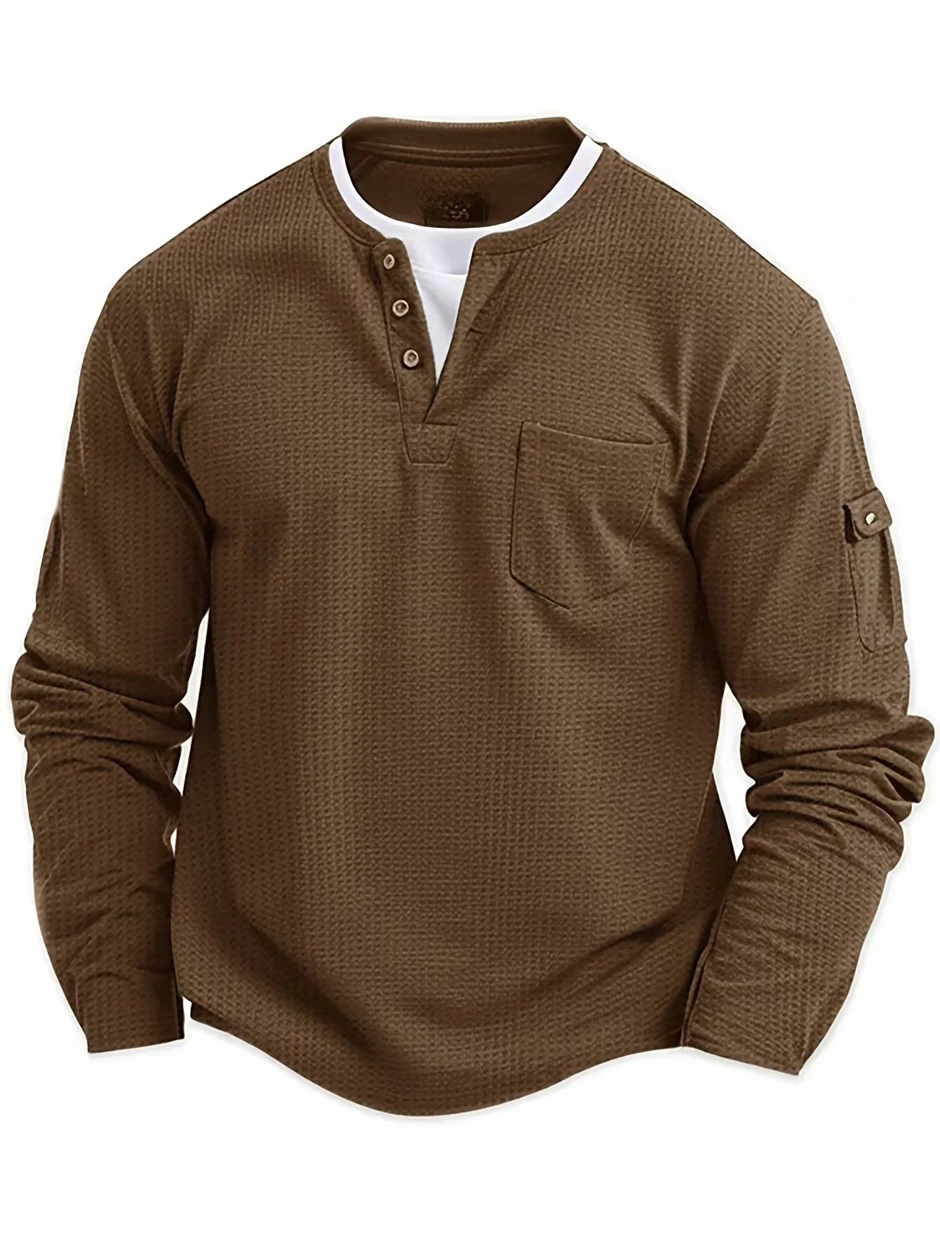 Camiseta informal de manga larga con bolsillo y cuello Henry para hombre, ropa de calle retro de color sólido para playa
