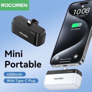 Rocoren Mini banco de energía 4500mAh cargador portátil con soporte de conector de USB-C batería de emergencia Powerbank para iPhone 15 Xiaomi mi