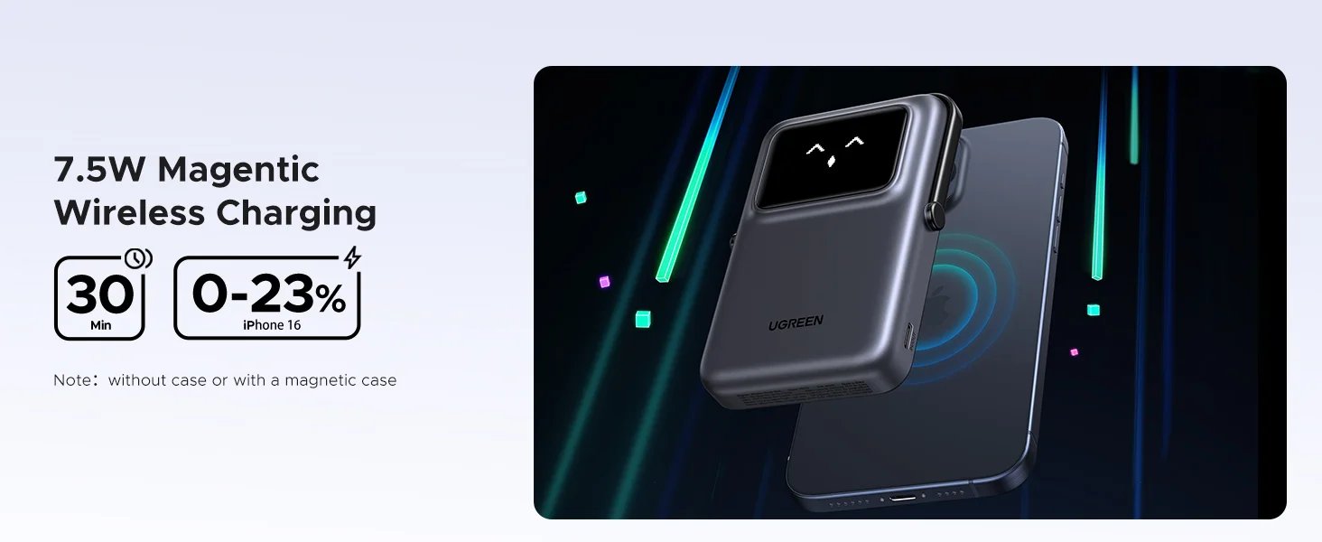 UGREEN UNO PowerBank Magnético 5000mAh, Power Bank Batería Magnética Externa Portátil de Carga Rápida PD 20W, Pantalla TFT, Salida / Entradas USB C Cargador Inalámbrico Wireless Compatible con MagSafe iPhone 17 16 15 14 13 12 Mini Plus Pro MAX - Negro
