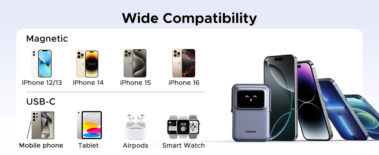 UGREEN UNO PowerBank Magnético 5000mAh, Power Bank Batería Magnética Externa Portátil de Carga Rápida PD 20W, Pantalla TFT, Salida / Entradas USB C Cargador Inalámbrico Wireless Compatible con MagSafe iPhone 17 16 15 14 13 12 Mini Plus Pro MAX - Negro
