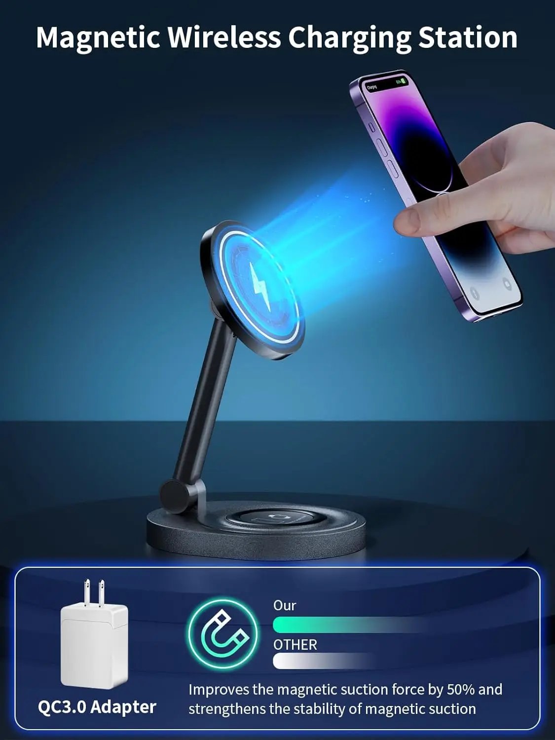 Estación de Carga Inalámbrica Magnética 15W 2 en 1, Plegable y de Carga Rápida para Teléfono y AirPods, con Adaptador QC 3.0 - Cargador Inalámbrico Magnético Plegable