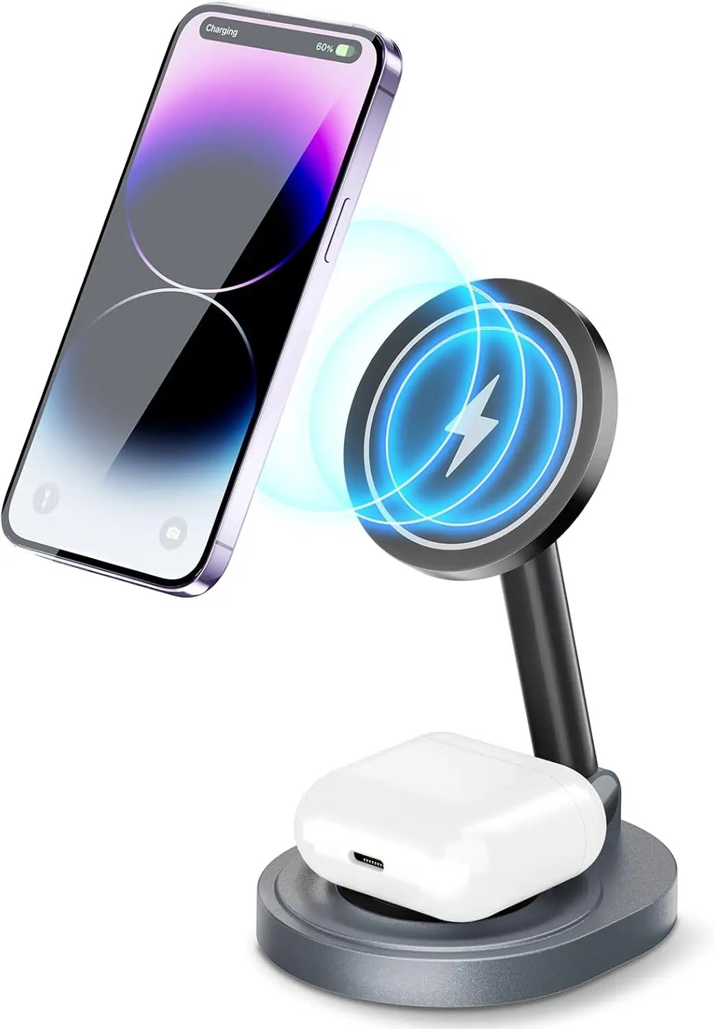 Estación de Carga Inalámbrica Magnética 15W 2 en 1, Plegable y de Carga Rápida para Teléfono y AirPods, con Adaptador QC 3.0 - Cargador Inalámbrico Magnético Plegable