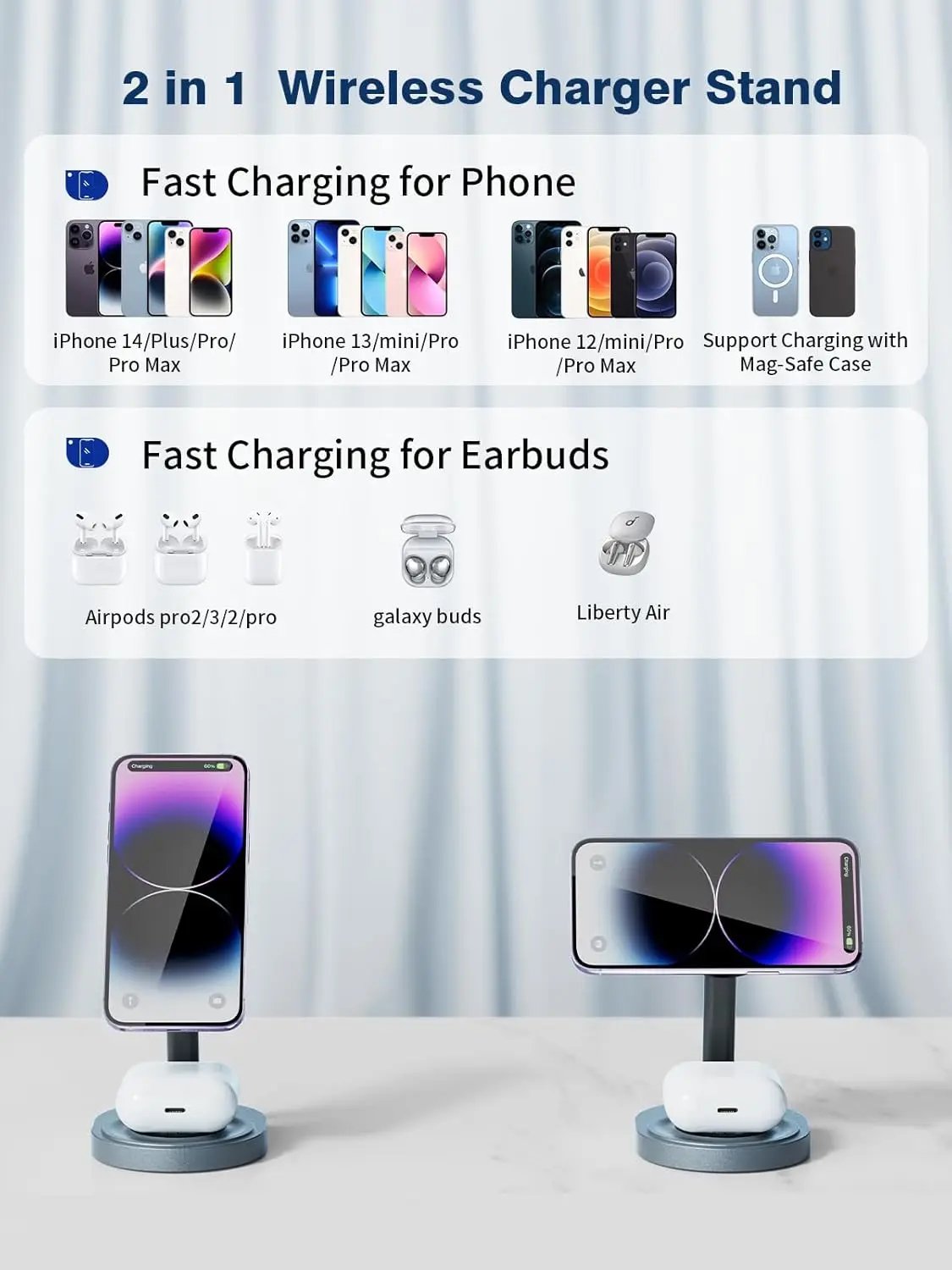 Estación de Carga Inalámbrica Magnética 15W 2 en 1, Plegable y de Carga Rápida para Teléfono y AirPods, con Adaptador QC 3.0 - Cargador Inalámbrico Magnético Plegable