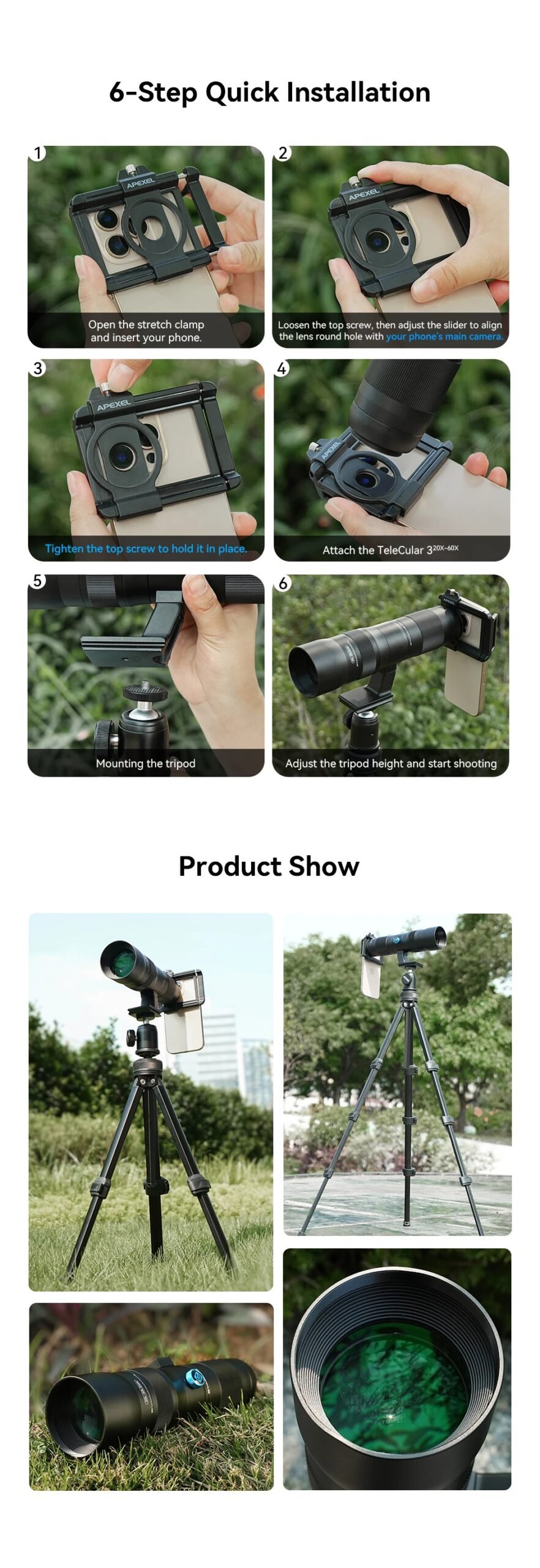 APEXEL Lente de zoom HD Metal 20x-60x Teleobjetivo Telescopio Lentes con trípode de metal para acampar Observación de aves iPhone 17 16 Android