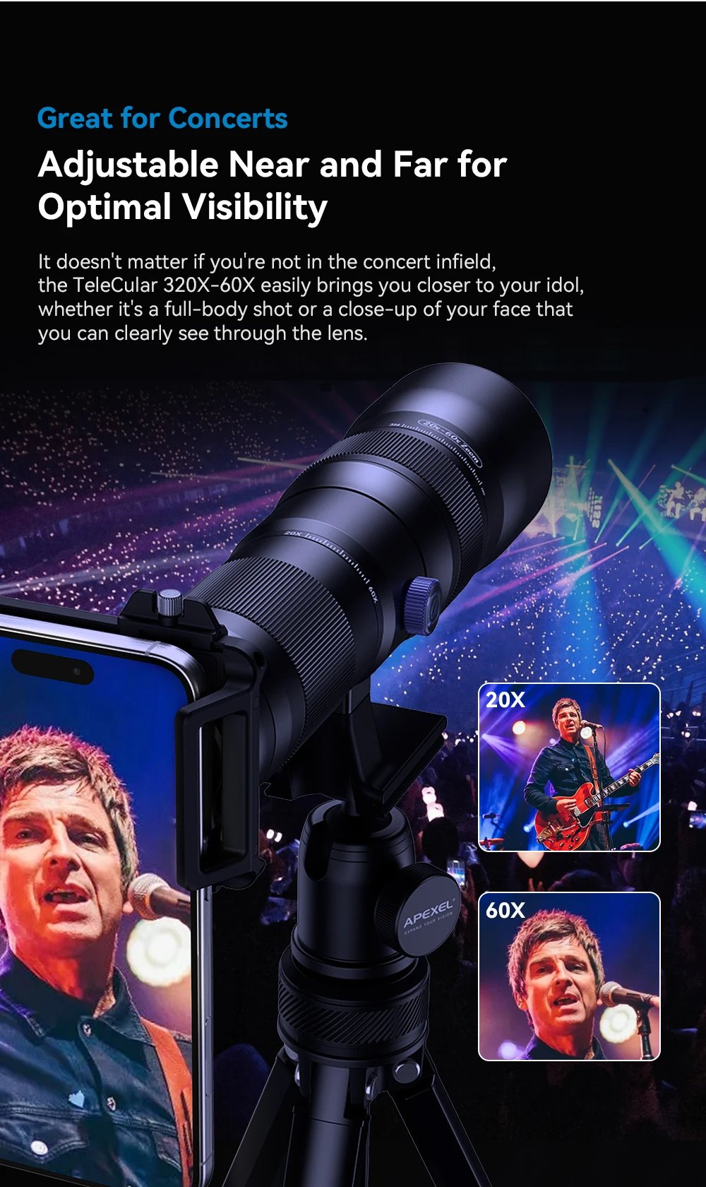APEXEL Lente de zoom HD Metal 20x-60x Teleobjetivo Telescopio Lentes con trípode de metal para acampar Observación de aves iPhone 17 16 Android