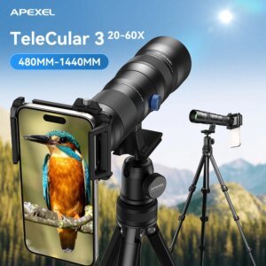 APEXEL Lente de zoom HD Metal 20x-60x Teleobjetivo Telescopio Lentes con trípode de metal para acampar Observación de aves iPhone 17 16 Android