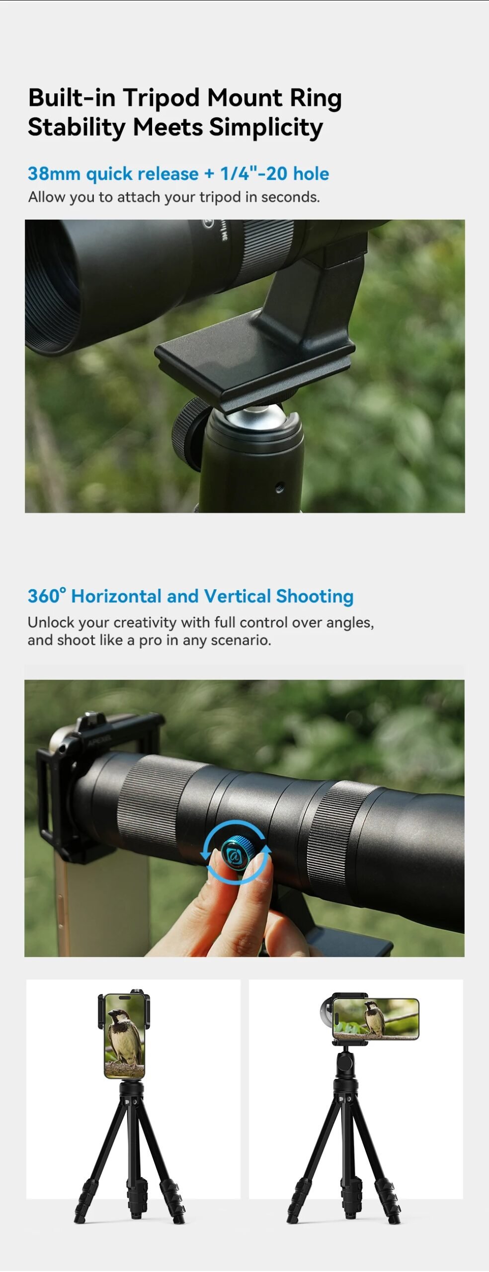 APEXEL Lente de zoom HD Metal 20x-60x Teleobjetivo Telescopio Lentes con trípode de metal para acampar Observación de aves iPhone 17 16 Android