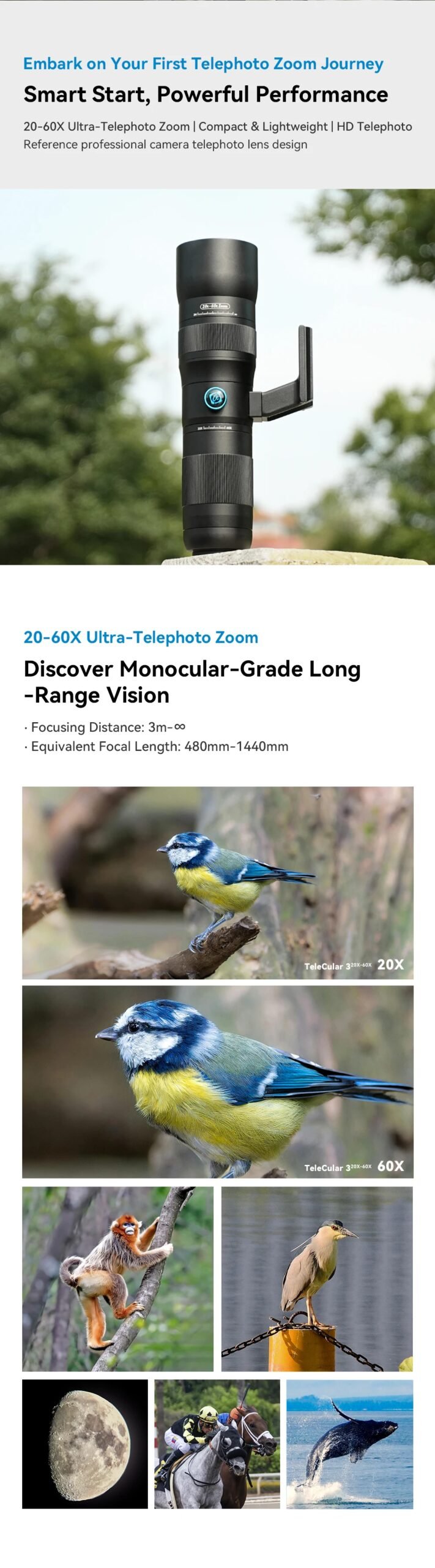 APEXEL Lente de zoom HD Metal 20x-60x Teleobjetivo Telescopio Lentes con trípode de metal para acampar Observación de aves iPhone 17 16 Android