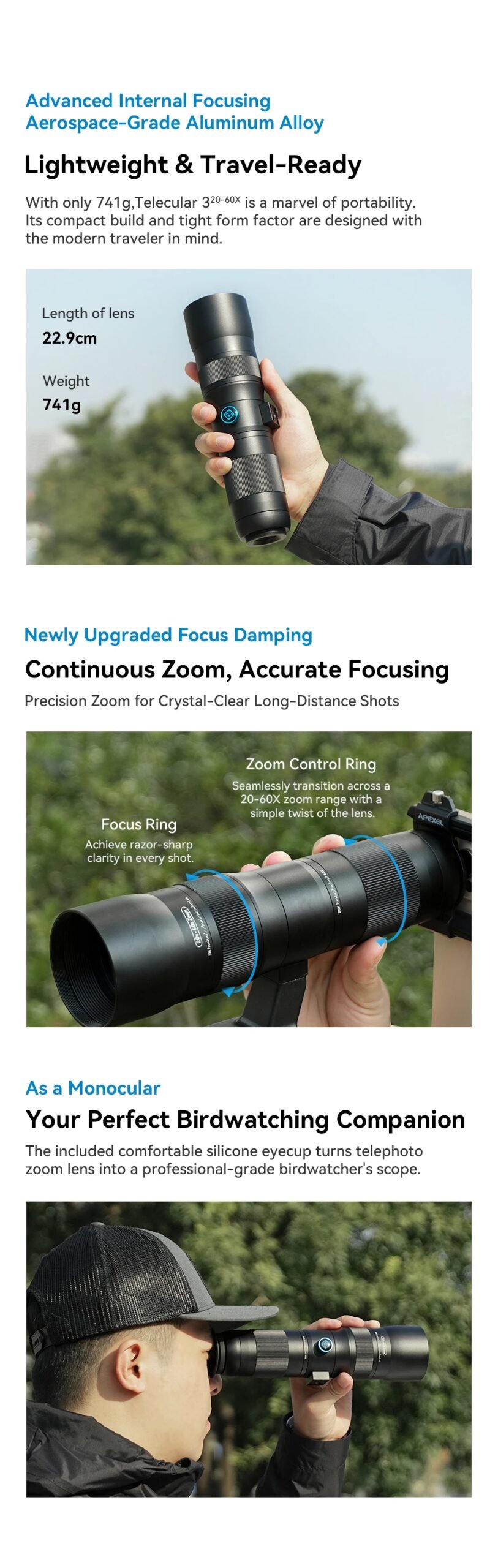 APEXEL Lente de zoom HD Metal 20x-60x Teleobjetivo Telescopio Lentes con trípode de metal para acampar Observación de aves iPhone 17 16 Android