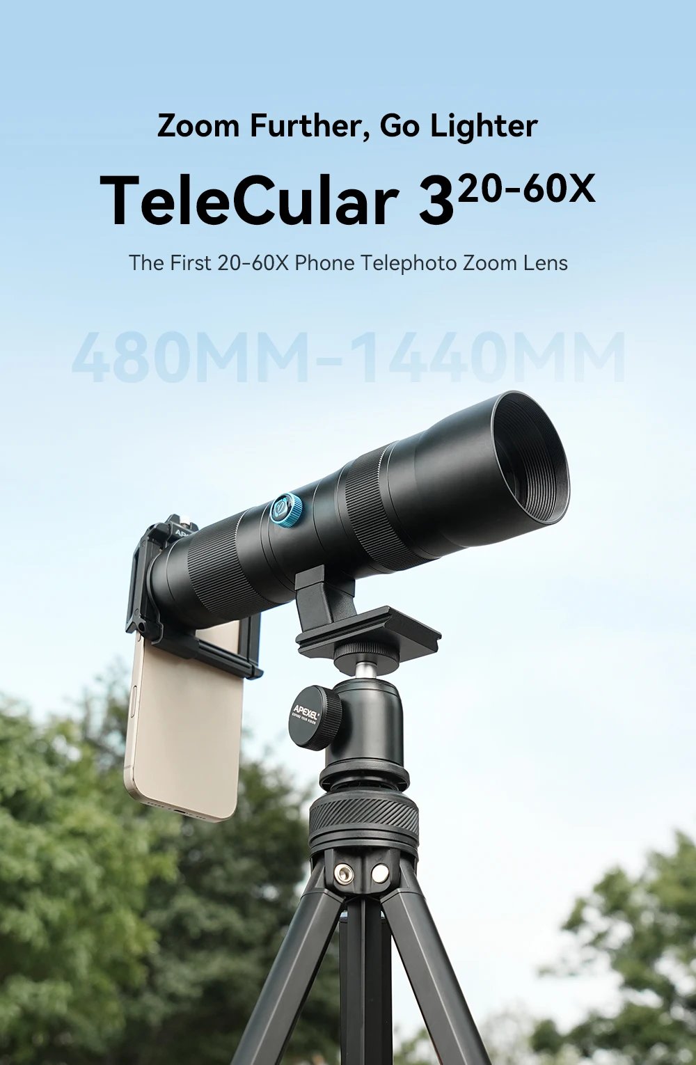 APEXEL Lente de zoom HD Metal 20x-60x Teleobjetivo Telescopio Lentes con trípode de metal para acampar Observación de aves iPhone 17 16 Android
