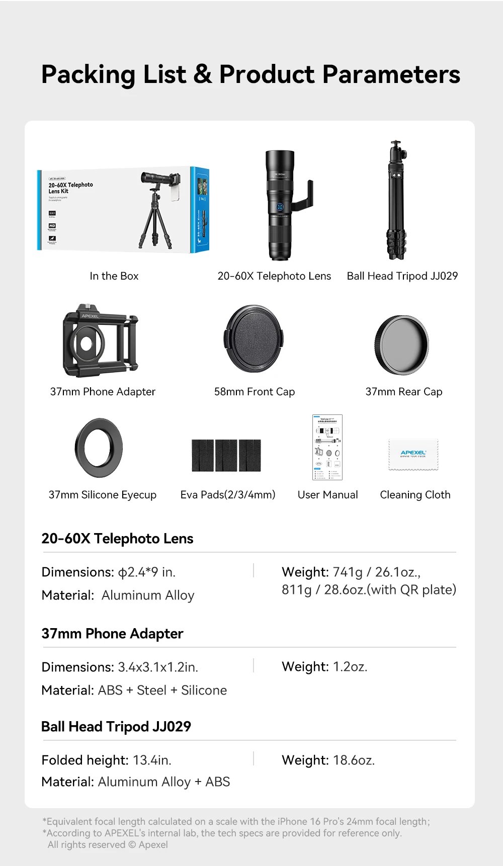 APEXEL Lente de zoom HD Metal 20x-60x Teleobjetivo Telescopio Lentes con trípode de metal para acampar Observación de aves iPhone 17 16 Android