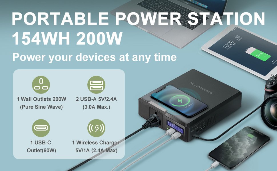 ALLPOWERS 200W Estación de energía portátil 154Wh/41600mAh Fuente de alimentación de emergencia solar Powerbank con cargador inalámbrico para exteriores