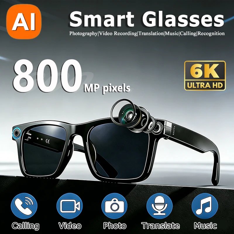 Gafas con Cámara HD 6K e IA, 800MP, Fotocromáticas, Multifuncionales, Inteligentes, con Bluetooth, Llamadas, Fotos, Video, ChatGPT, Música y Traducción