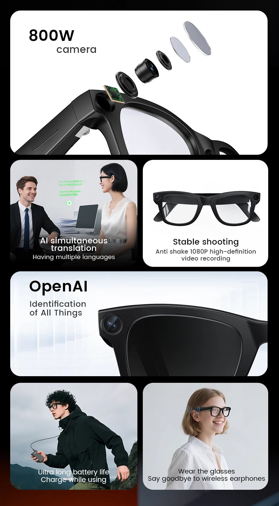 2026 gafas inteligentes HD foto vídeo OpenAI registro traducción lentes fotocromáticos táctiles Bluetooth llamada música gafas multifunción