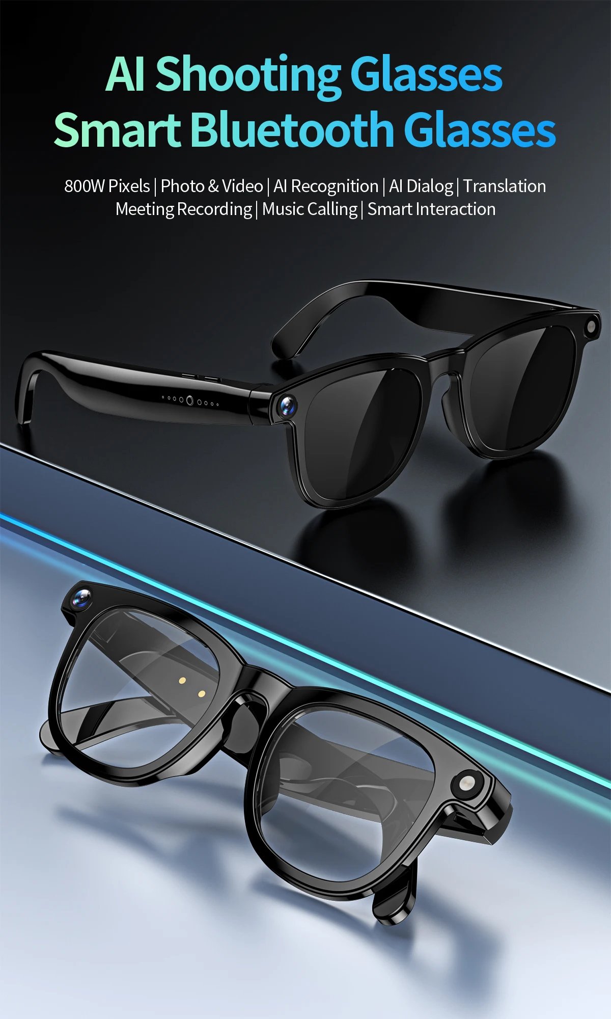 Gafas AI inteligentes 2 en 1 4K, 800W píxeles, cámara de disparo AI, foto HD, vídeo, traducción de llamadas de voz, gafas AI Bluetooth impermeables