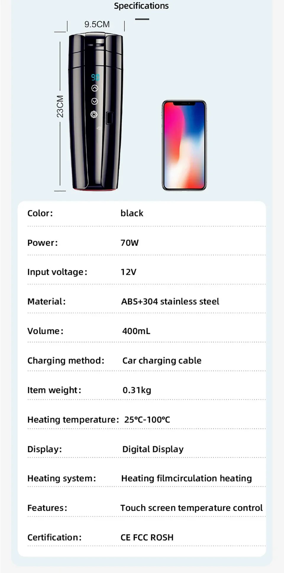Calentador de agua para automóvil - Taza aislada con pantalla digital inteligente de 12 V/24 V, Hervidor eléctrico universal para vehículos