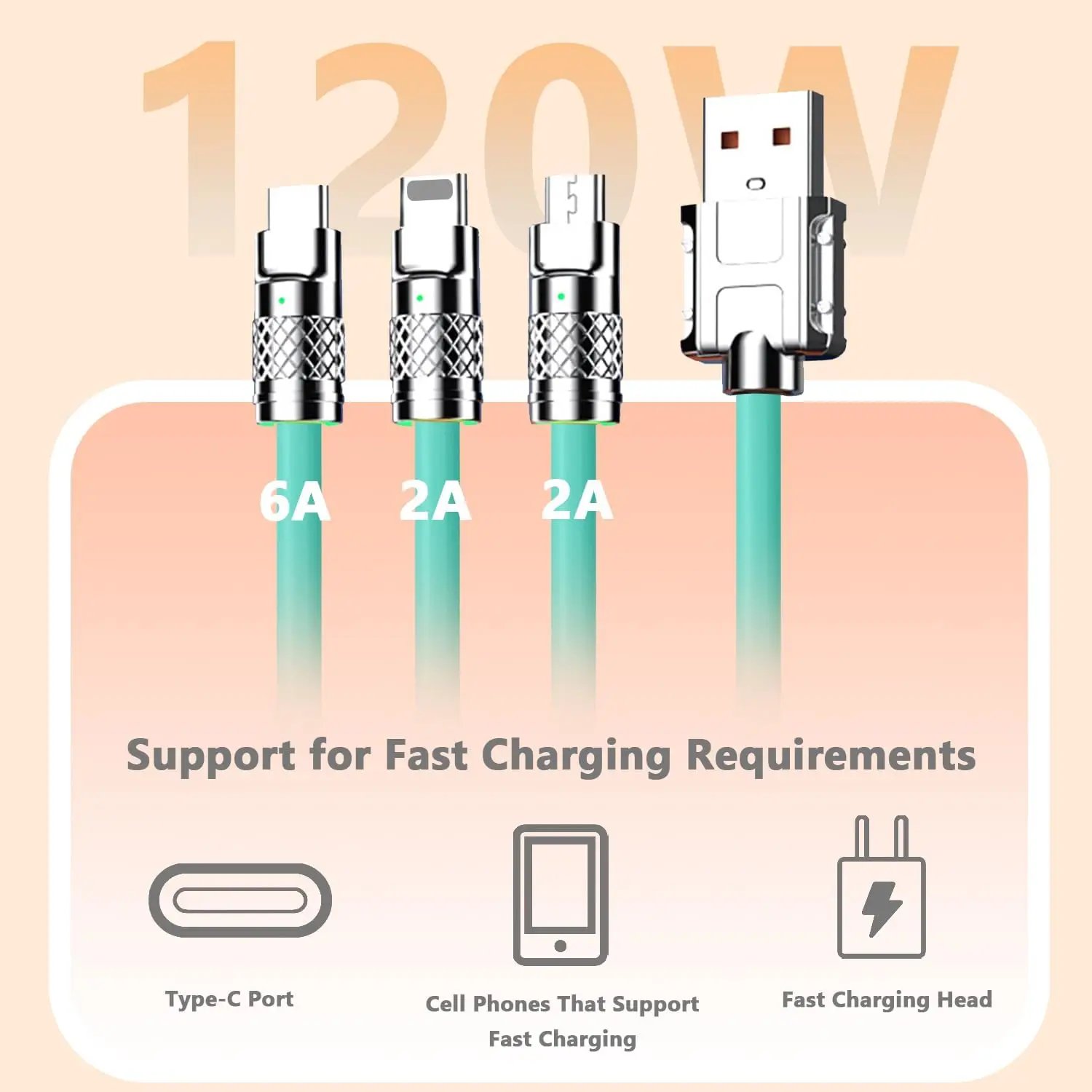 Cable Multi USB 3 en 1,Cable de datos carga rápida USB 3 en 1 6A/120W Aleación de Zinc, Cable Versión Más Gruesa Compatible con iph/Micro/Type-C, (1.2Metro)