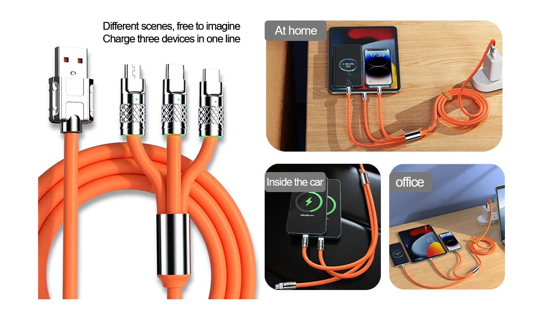 Cable Multi USB 3 en 1,Cable de datos carga rápida USB 3 en 1 6A/120W Aleación de Zinc, Cable Versión Más Gruesa Compatible con iph/Micro/Type-C, (1.2Metro)