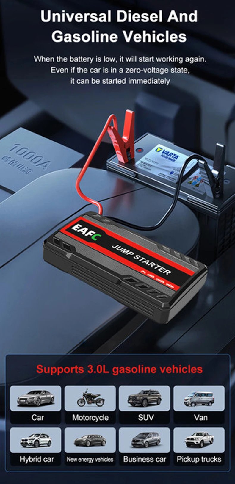 EAFC arrancador de batería de coche banco de energía arrancador de batería de coche 600A12V dispositivo de arranque automático con luz LED para refuerzo de batería automática Buster