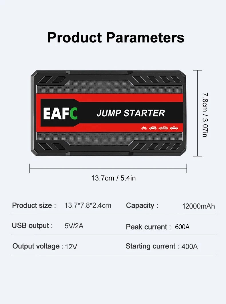 EAFC arrancador de batería de coche banco de energía arrancador de batería de coche 600A12V dispositivo de arranque automático con luz LED para refuerzo de batería automática Buster