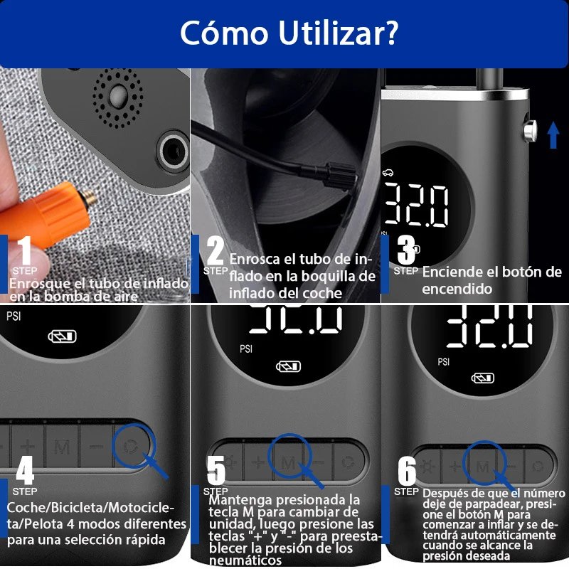Bomba infladora inalámbrica portátil recargable para coche, inflador de neumáticos, compresor de aire, pantalla de visualización