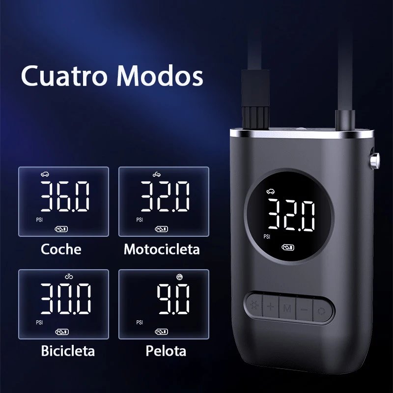Bomba infladora inalámbrica portátil recargable para coche, inflador de neumáticos, compresor de aire, pantalla de visualización