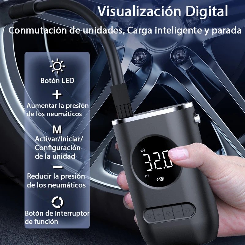 Bomba infladora inalámbrica portátil recargable para coche, inflador de neumáticos, compresor de aire, pantalla de visualización