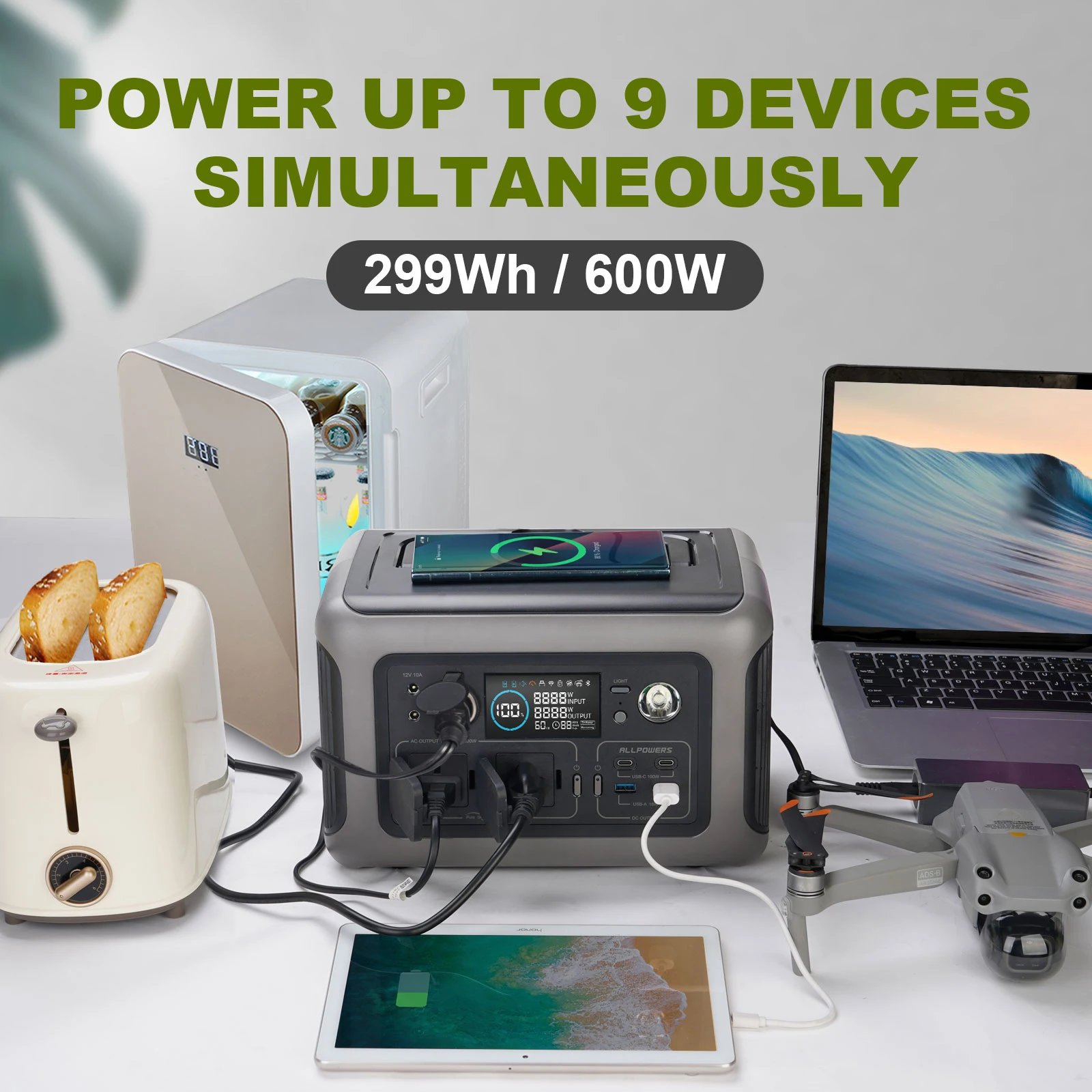 ALLPOWERS-estación de energía R600 con panel solar, batería LiFePO4 de 100W, generador de Camping de 299Wh, fuente de alimentación de 600W para respaldo doméstico RV