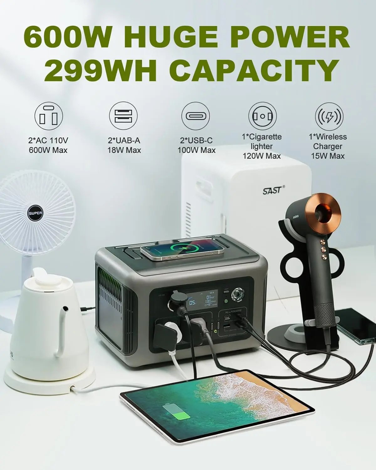 ALLPOWERS-estación de energía R600 con panel solar, batería LiFePO4 de 100W, generador de Camping de 299Wh, fuente de alimentación de 600W para respaldo doméstico RV