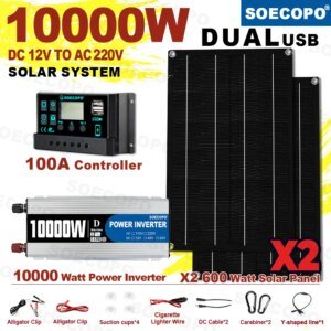 SOECOPO 10000W Kit Solar Portátil Completo DC 12V - AC 110V/220V Inversor Kit Completo de Energía Solar Hogar RV 100A Controlador Camping