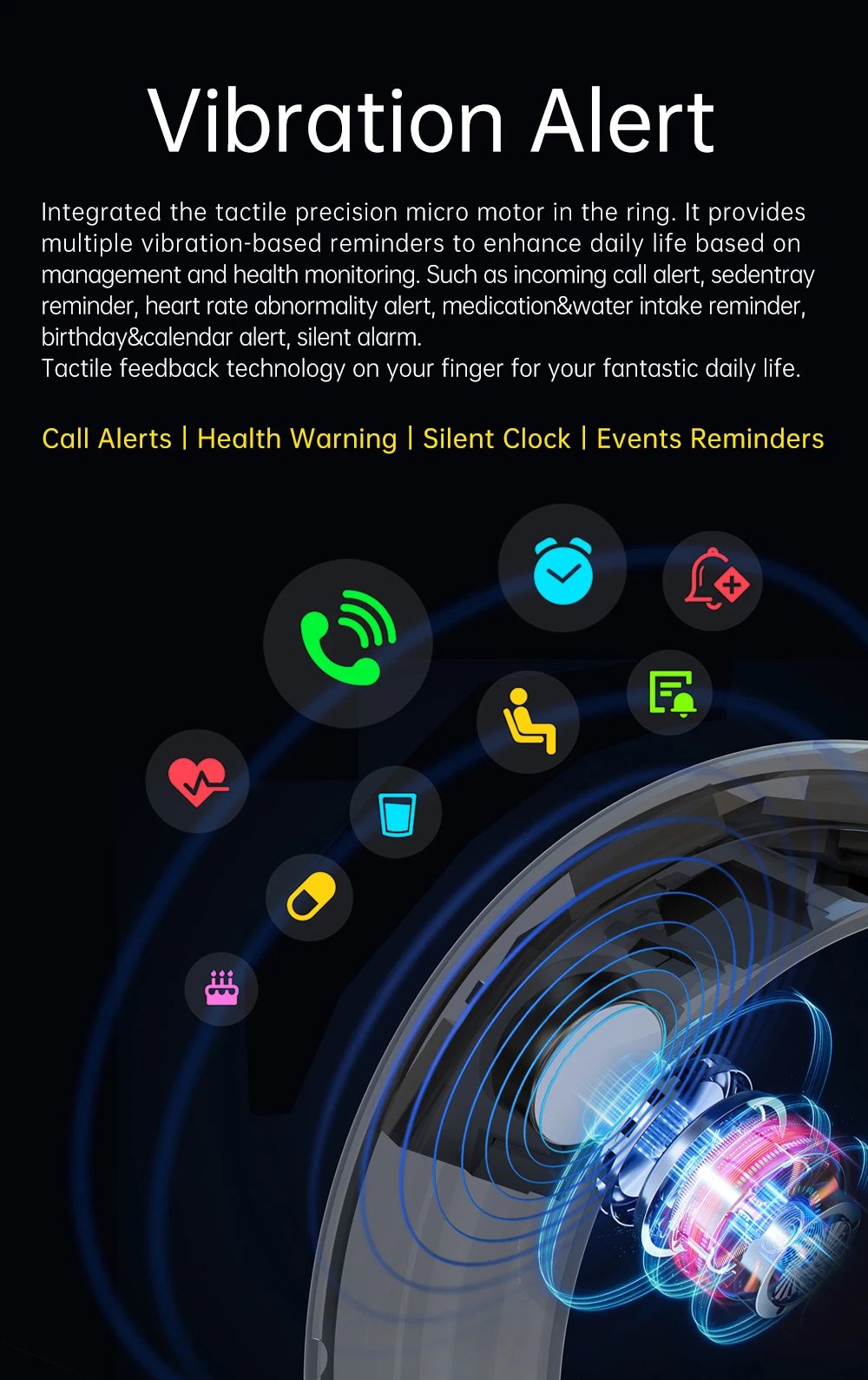 Anillo Inteligente con Vibración, Notificaciones de Llamadas y Mensajes, Alerta Silenciosa, Monitoreo de Ritmo Cardíaco y Estrés