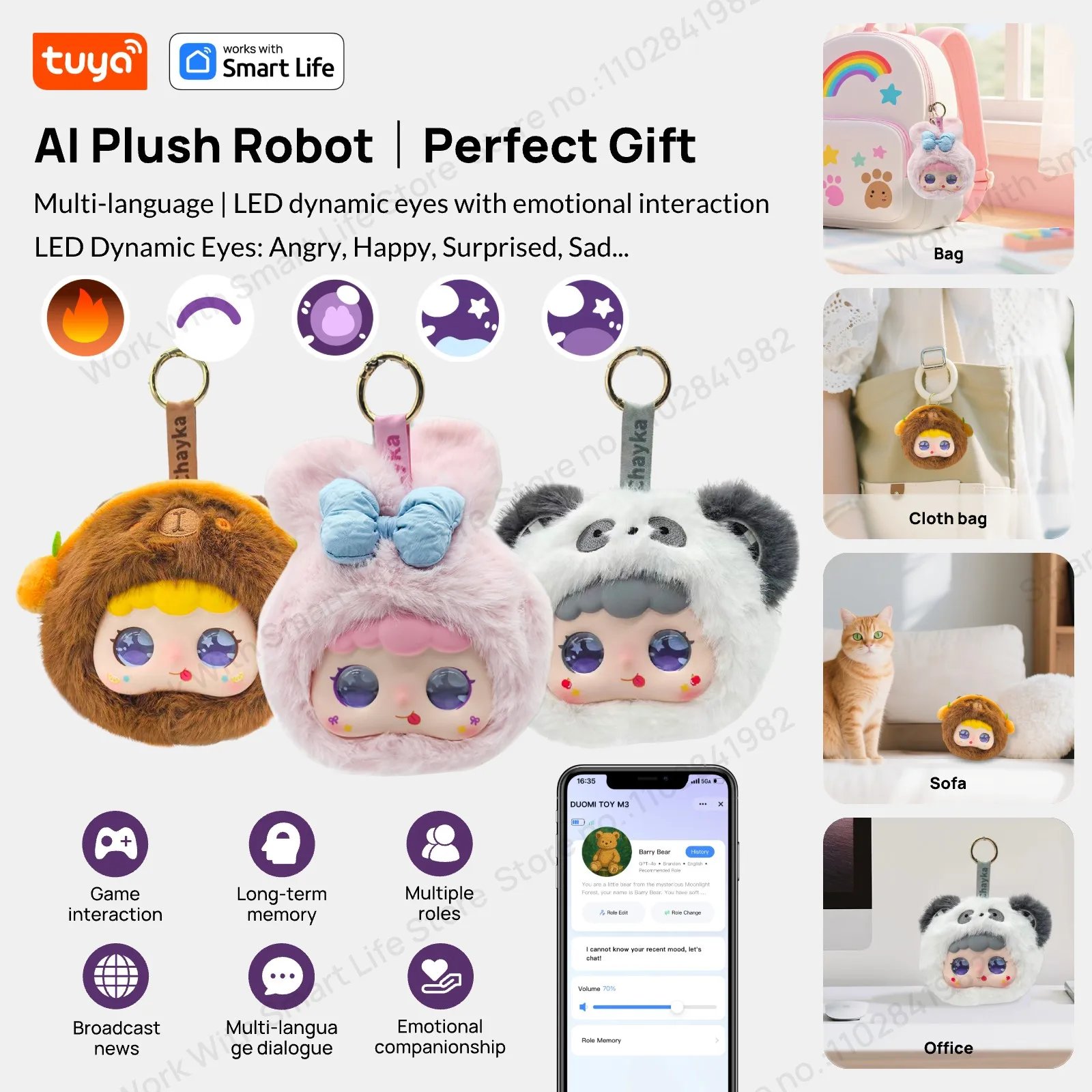 Robot de peluche inteligente Tuya AI con ojos LED y Control por voz, juguete inteligente interactivo, compañero recargable por USB para regalos de niños/casa inteligente