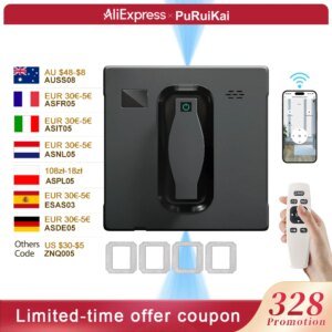 Robot Limpiacristales PuRuiKai, Doble Pulverizador de Agua, con Control por Aplicación, Alta Succión al Vacío, Sensor Láser, Robot de Limpieza de Cristales de Pared para el Hogar