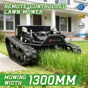 Robot cortacésped personalizado y adaptado a todo tipo de terreno con orugas de goma y control remoto multifuncional.