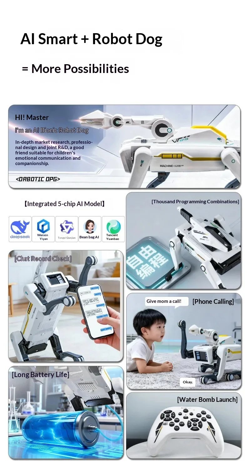 MACHINE 2026 Nuevo Robot Perro con IA, Brazo Mecánico Biónico, Control Remoto, Juguete Interactivo Eléctrico para Niños, Mascota de Compañía para el Hogar