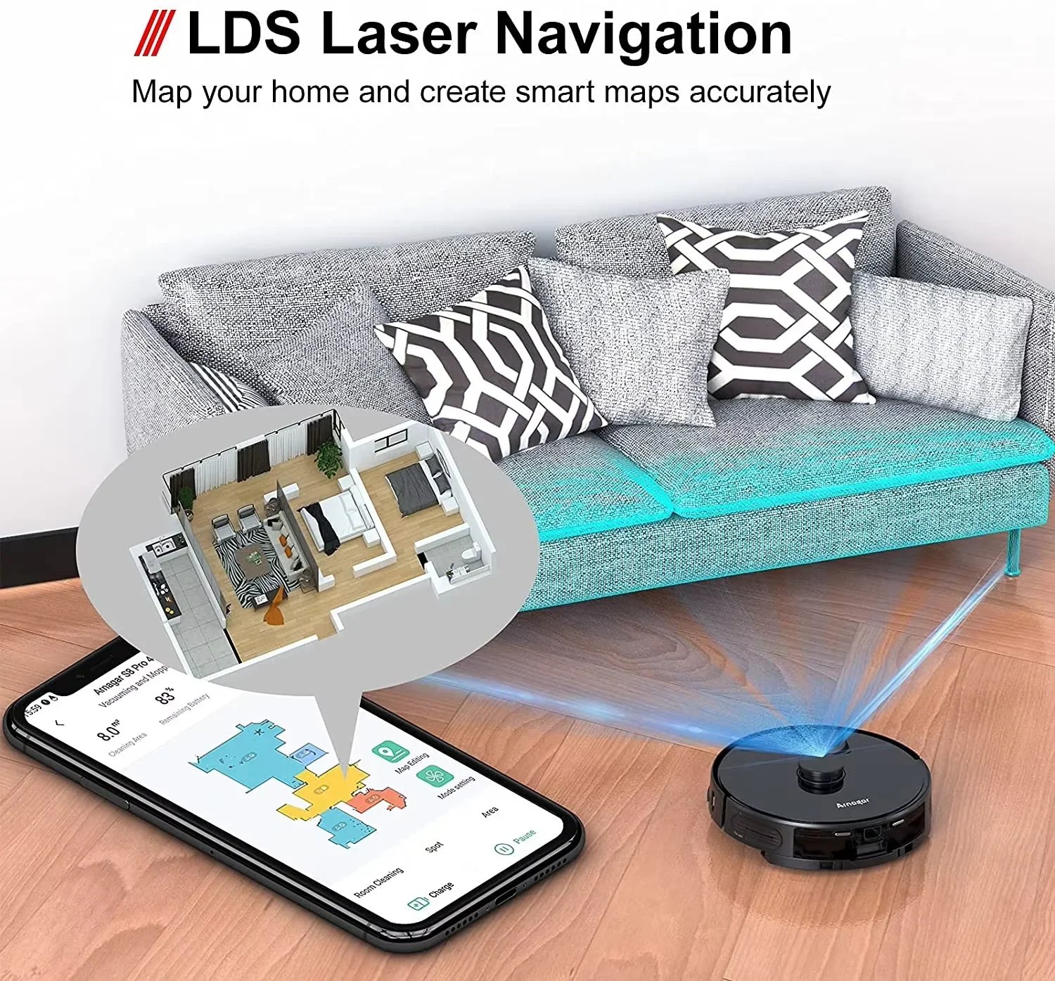 Arnagar S8 Robot Vacuum Cleaner LDS Laser Navigation Sweep＆Mop 6000Pa 3500mAh Low Noise APP Control