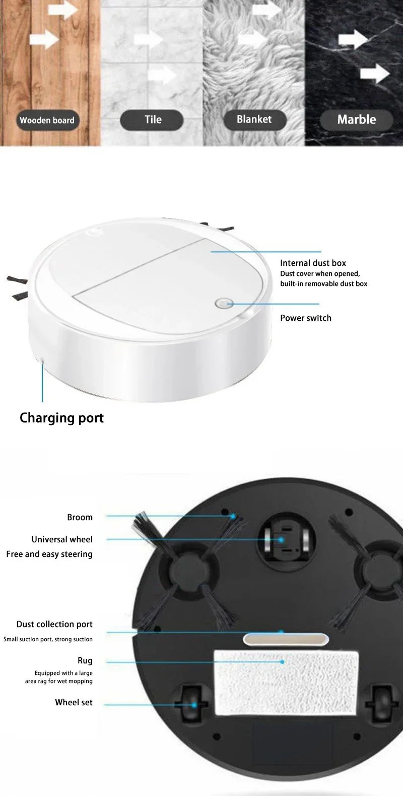 Long battery life Automatic Sweeping Robot Portable Mini Home Vacuum Cleaner USB Rechargeable Wet Dry 3-in-1 Sweeping Machine