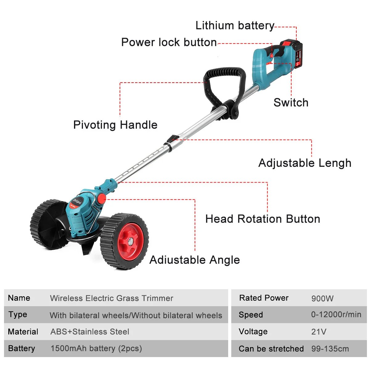 Drillpro 21V 900W Electric Lawn Mower Cordless Grass Trimmer Pruning Garden Tool Rechargeable 2 Batteries for Makita 18V Battery