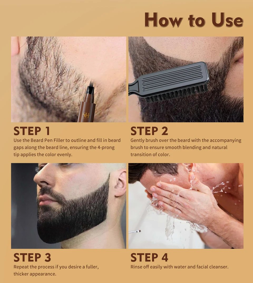 Waterproof Beard Pen Filler Men Moustache Coloring Pen Beard Coloring Filling Enhancer Black Fiber Hair Beard Stuffing Pen Tool