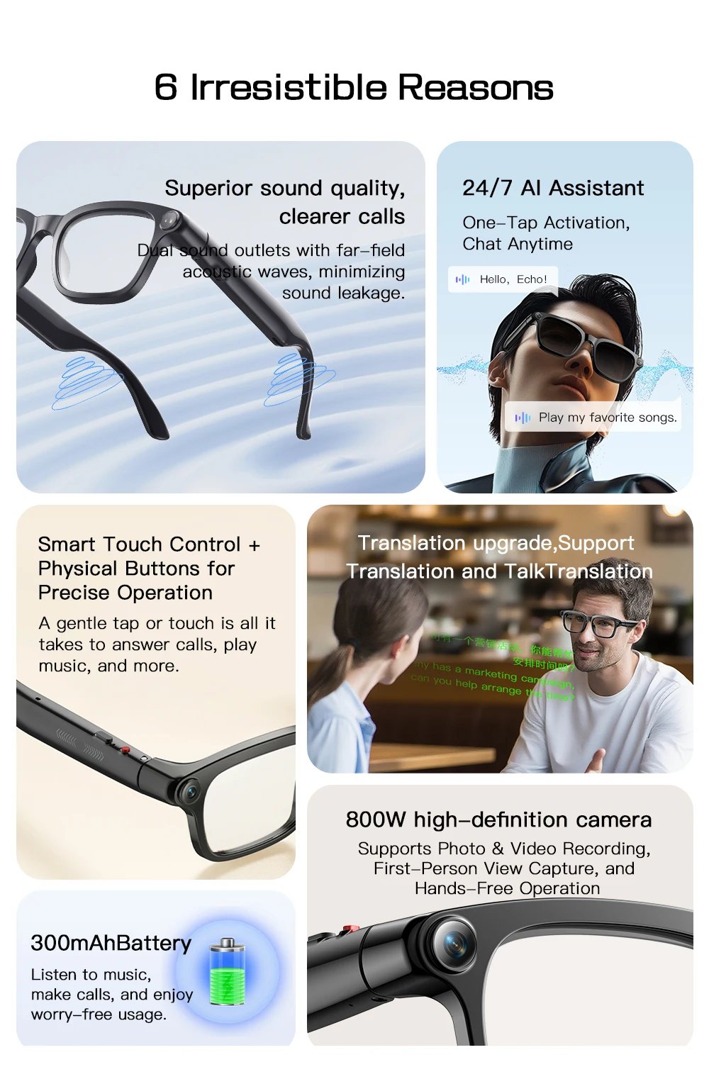 2026 New AI Real Time Translation Smart Glasses 800W Pixel Anti-shake Camera Video Recorder Dual Mic Noise Cancel Sunglasses Men