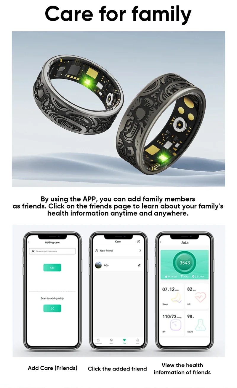 Smart Ring Heart Rate Blood Pressure Blood Oxygen Sleep Monitoring Step Counting Activity Tracking Family Friends Sharing Ring