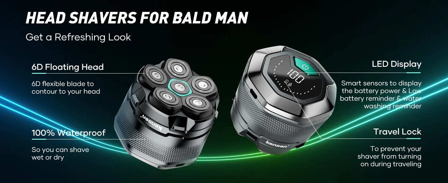 KENSEN Electric Head Shaver for Bald Men 6D Magnetic Razor Hair Trimmer USB Rechargeable LED Display Wet/Dry Shave Beard Shaver