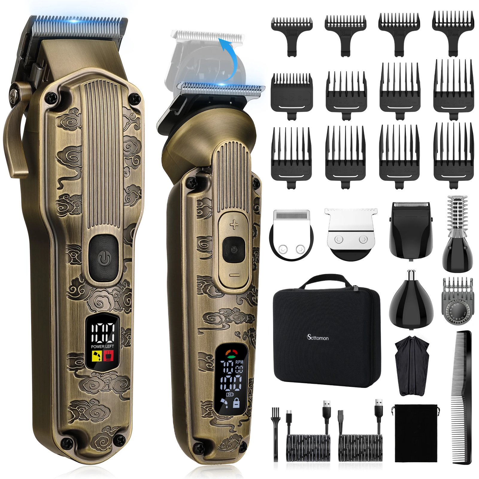 Scttomon Electric Hair Clipper Trimmer Set for Skin Fade Bald Head Shaving Hairline Sculpting Beard Trimming 2-Pc Head Style Kit