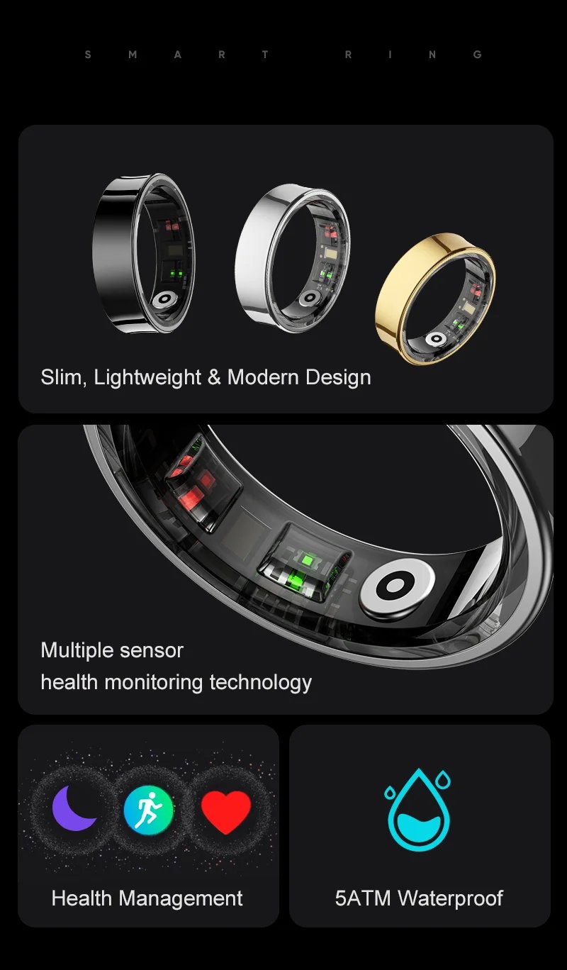 R09 Smart Ring Health Monitor With Charging Case,Heart Rate Blood Oxygen Skin Temperature,5ATM Waterproof For Phones