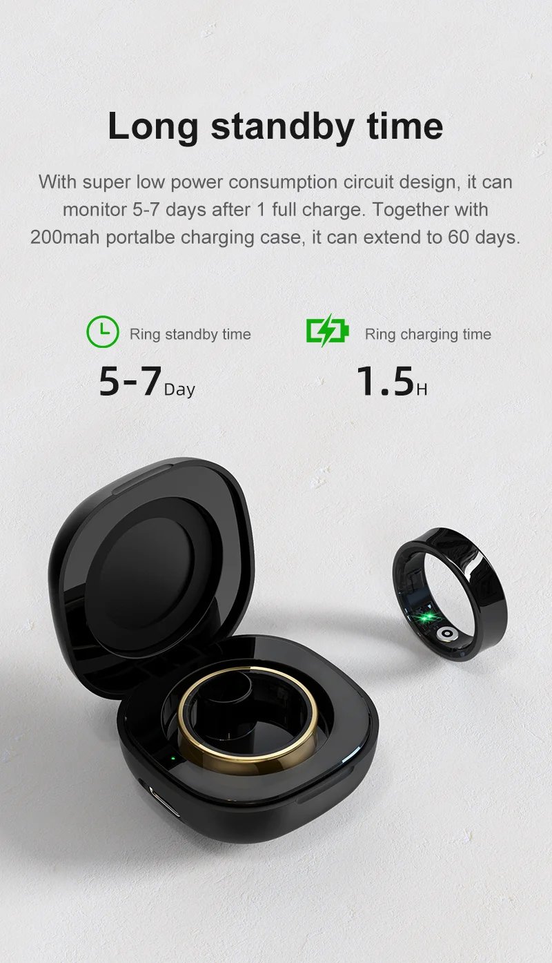 R09 Smart Ring Waterproof Health Monitor With Charging Case,Heart Rate Blood Oxygen For Android iOS Men Women