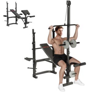 Sportnow Multifunctional Incline Weight Bench, Weight Bench with Adjustable Barbell Support, Leg Extension,