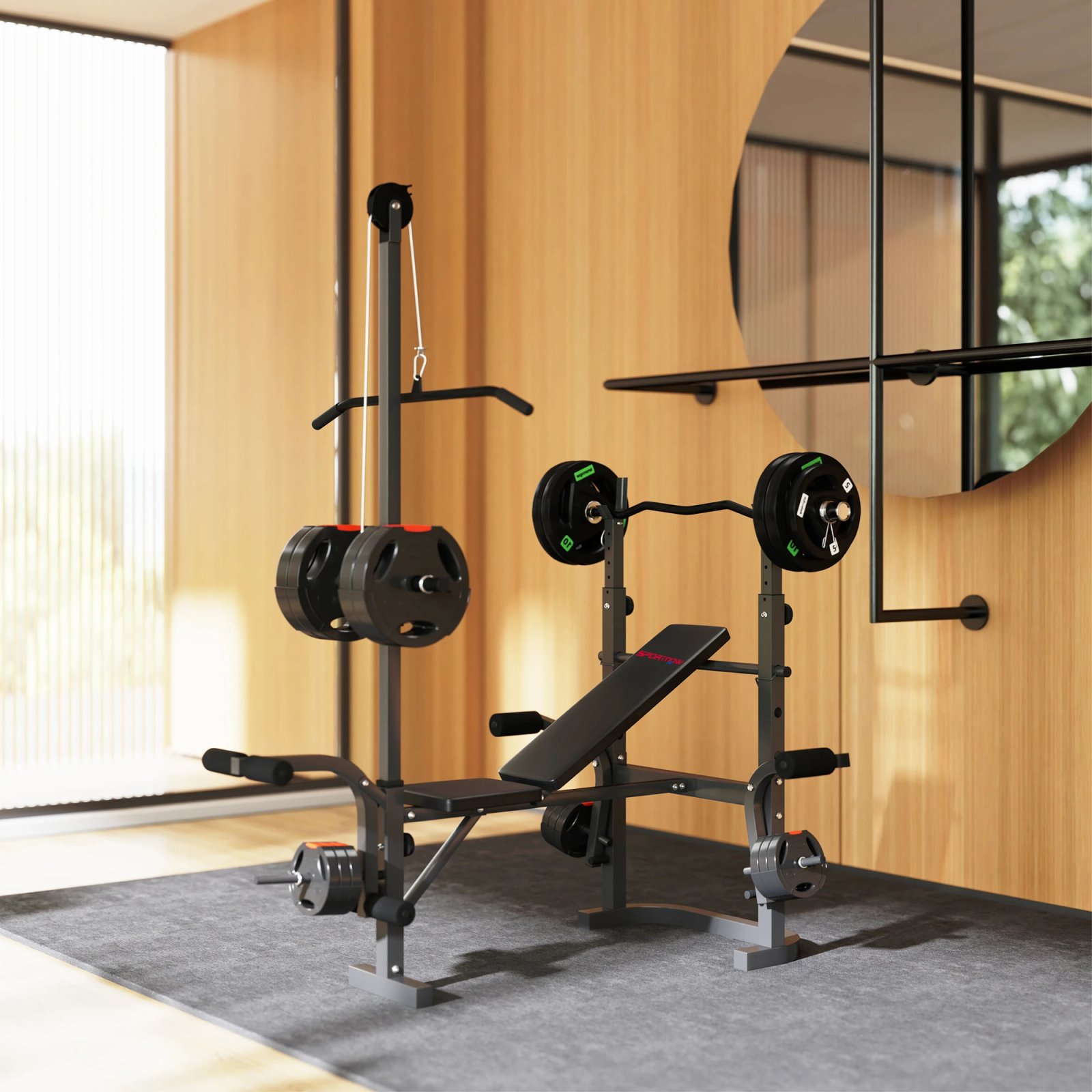 Sportnow Multifunctional Incline Weight Bench, Weight Bench with Adjustable Barbell Support, Leg Extension,