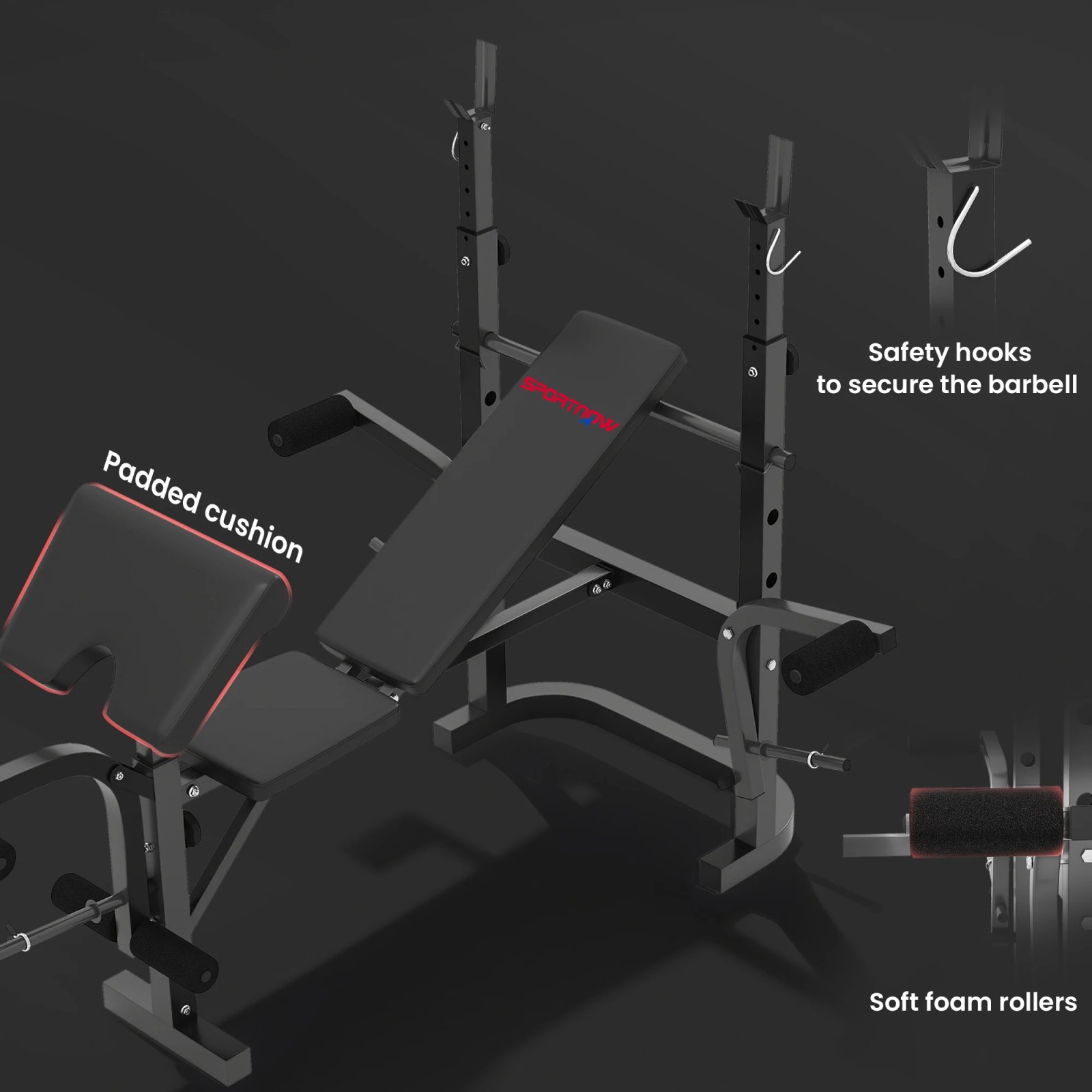 Sportnow Multifunctional Incline Weight Bench, Weight Bench with Adjustable Barbell Support, Leg Extension,