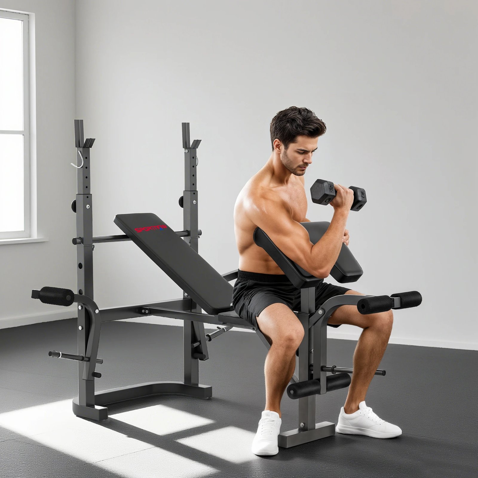 Sportnow Multifunctional Incline Weight Bench, Weight Bench with Adjustable Barbell Support, Leg Extension,